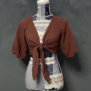 Reverse Brand Tie Front Crop Top Womens S Rust Brown Short Puff Sleeve Blouse